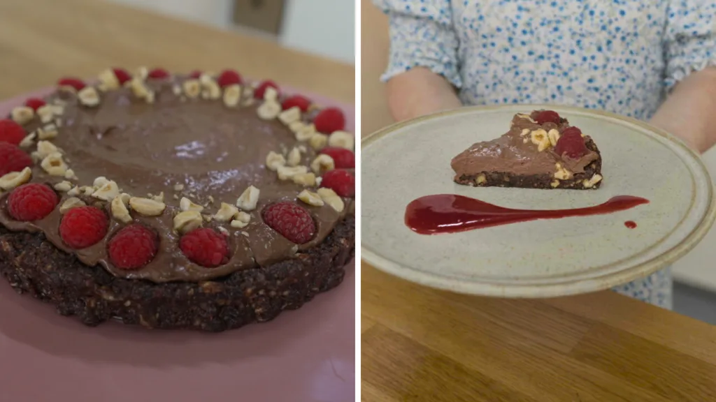 Chocolate Hazelnut Cake topped with toasted hazelnuts